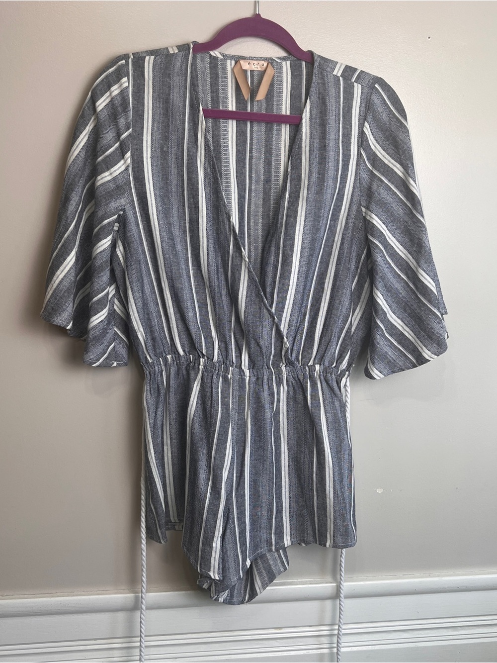 Ecru Lab Linen/Cotton Blue & Wht Stripe Romper w/Mock Crossover Front Large, EUC